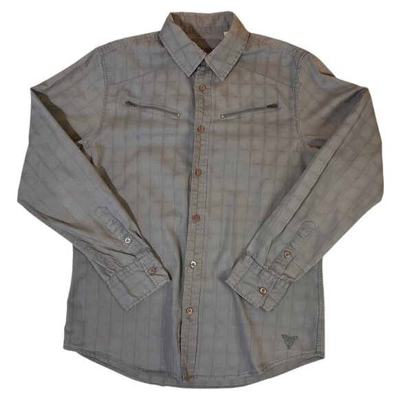 Guess Men’s Gray Plaid Long Sleeve Button-Up Shirt M – Zip Chest Pockets Casual - Picture 1 of 6